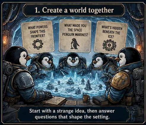 Step 1 — Create a world together: a group answers questions that shape a strange setting.