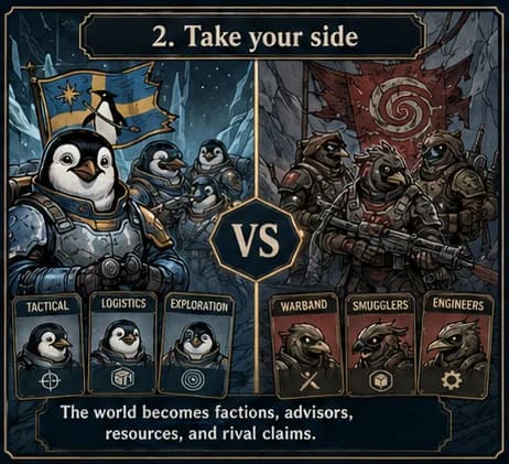Step 2 — Take your side: the world becomes rival factions, advisors, and resources.