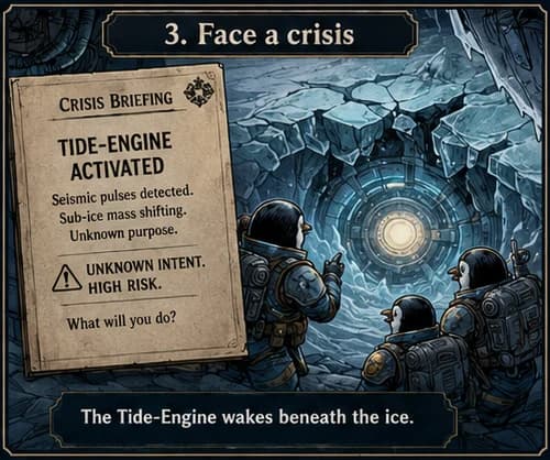 Step 3 — Face a crisis: a Tide-Engine wakes beneath the ice and demands a decision.