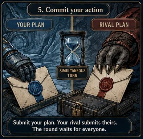 Step 5 — Commit your action: you submit your plan, your rival submits theirs, and the round waits for everyone.