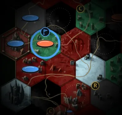 A hex board showing one faction's stone capturing another.