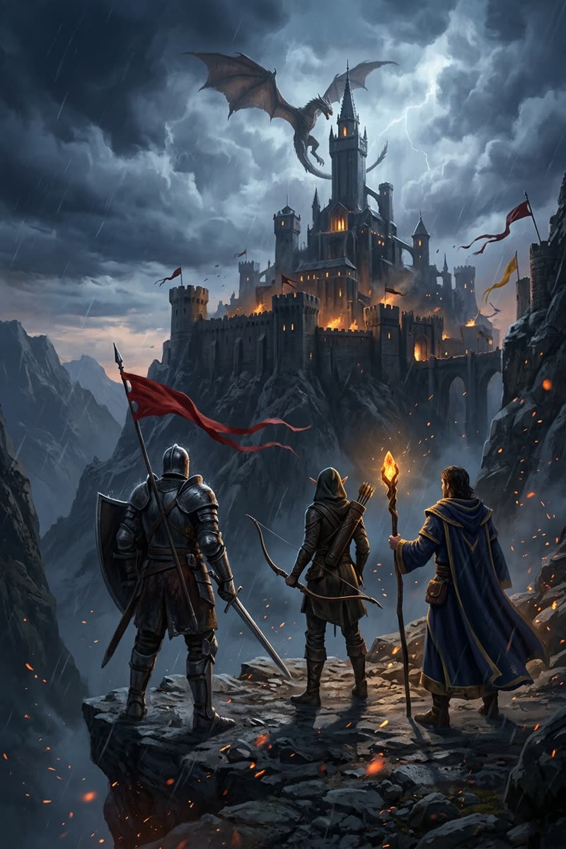 A knight with a red banner, a hooded archer, and a robed mage stand on a storm-lit ledge facing a burning mountain keep as a dragon circles its highest tower.
