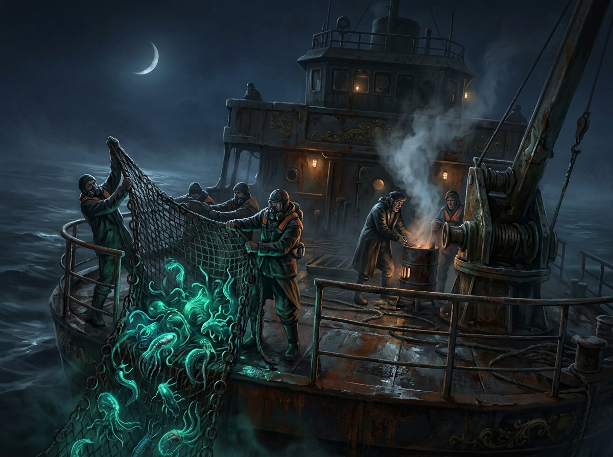 Masked crew in oilskins haul a net of glowing teal sea-mutants onto the deck of a rusting ship under a crescent moon, while others burn a barrel fire behind them.