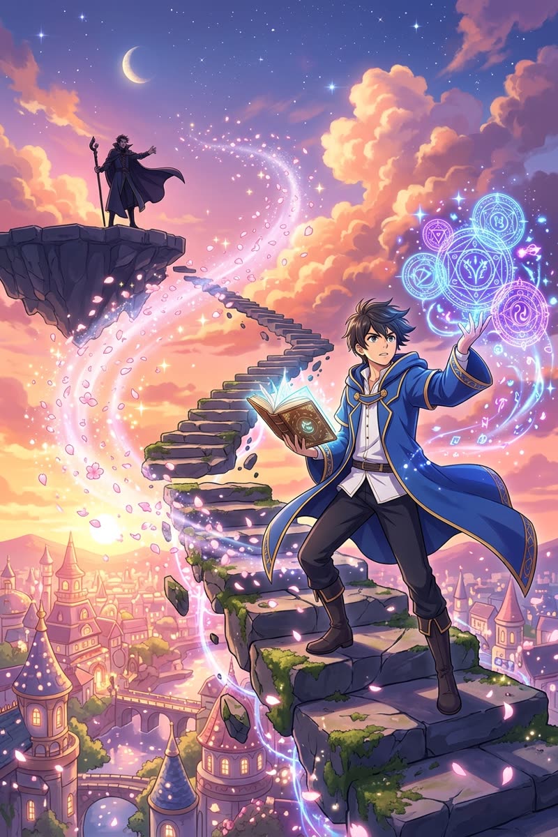 A young wizard in a blue coat casts glowing sigils from an open spellbook on a broken stone stair above a sunset city, while a cloaked rival watches from a floating rock.