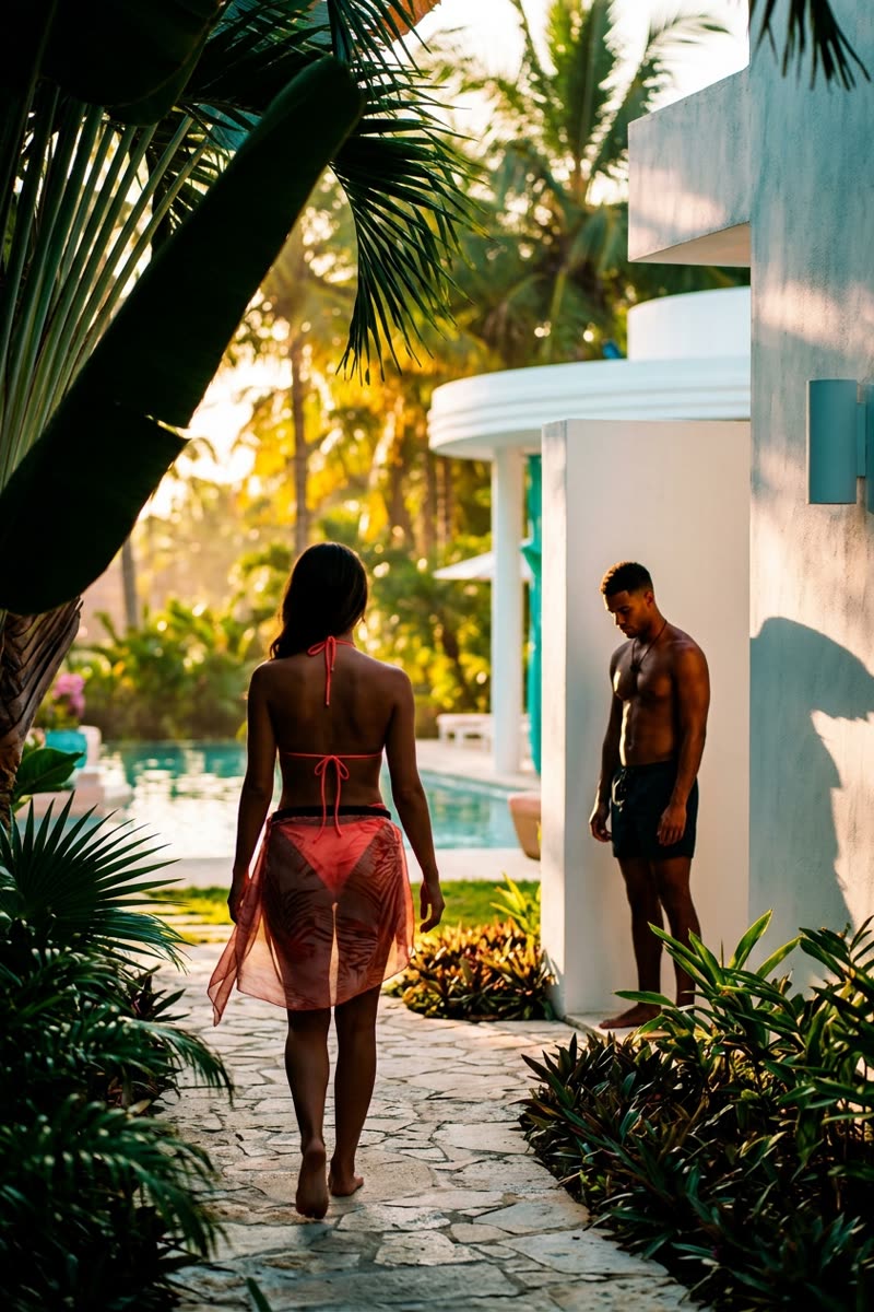 A contestant in a sheer red sarong walks away down a stone path at golden hour while a man waits against a white villa wall beside the pool.